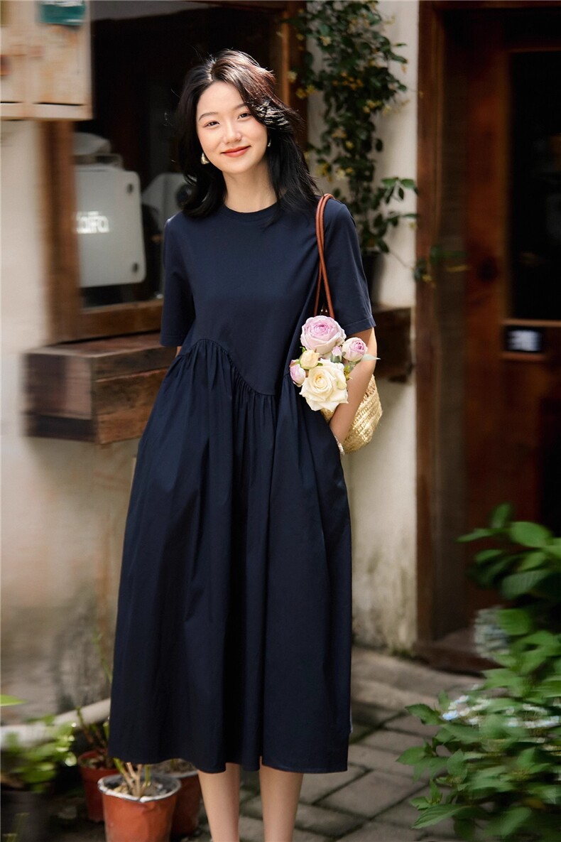 轻盈之选休闲气质结构缩褶拼接设计短袖连衣裙/中长裙，女装连衣裙，梦白服饰厂