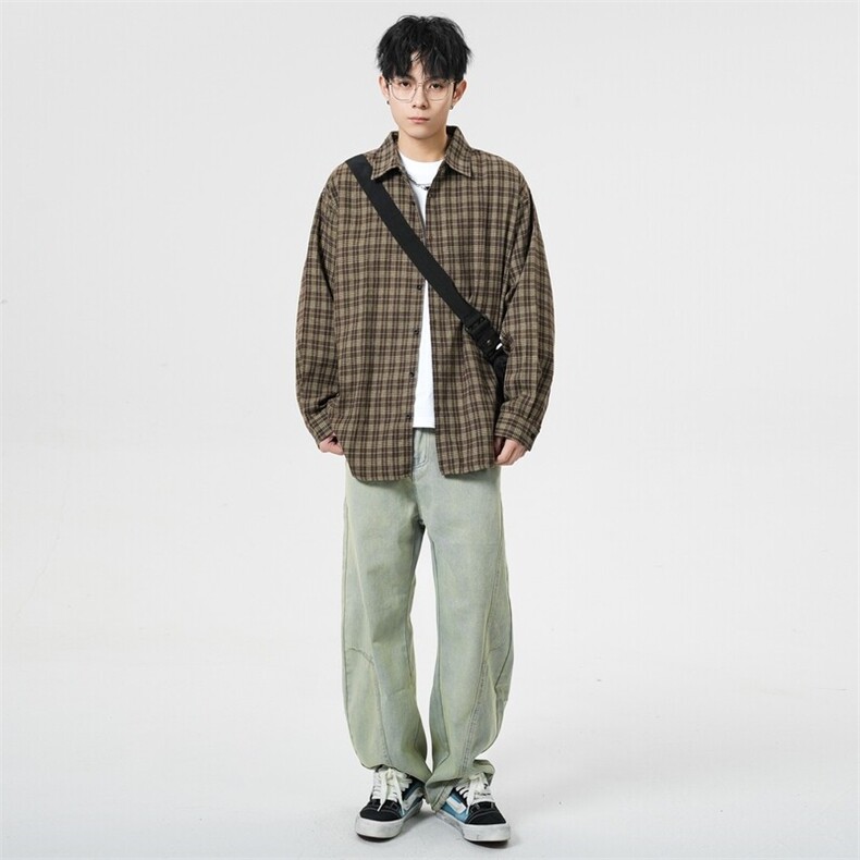 春季潮流格子衬衫男港风休闲长袖外套青少年男装2377P35,男装衬衫,星座1107-1