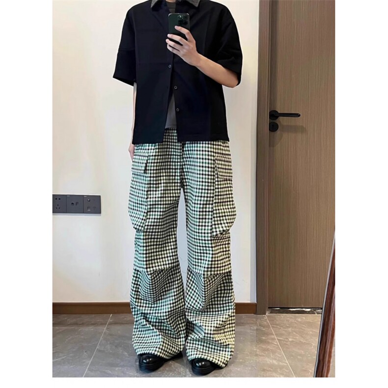 TWOMOONS两个月亮格纹复古口袋条纹炮弹裤阔腿长裤工装休闲裤男女,女装休闲裤,星座1210-1