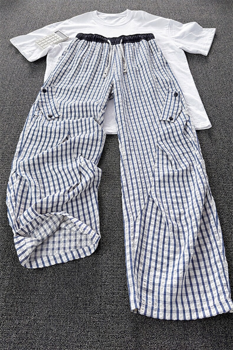 K5051/P40夏季薄款透气凉感格子裤男女同款垂感褶皱休闲裤长裤子,男装休闲裤,电商A141