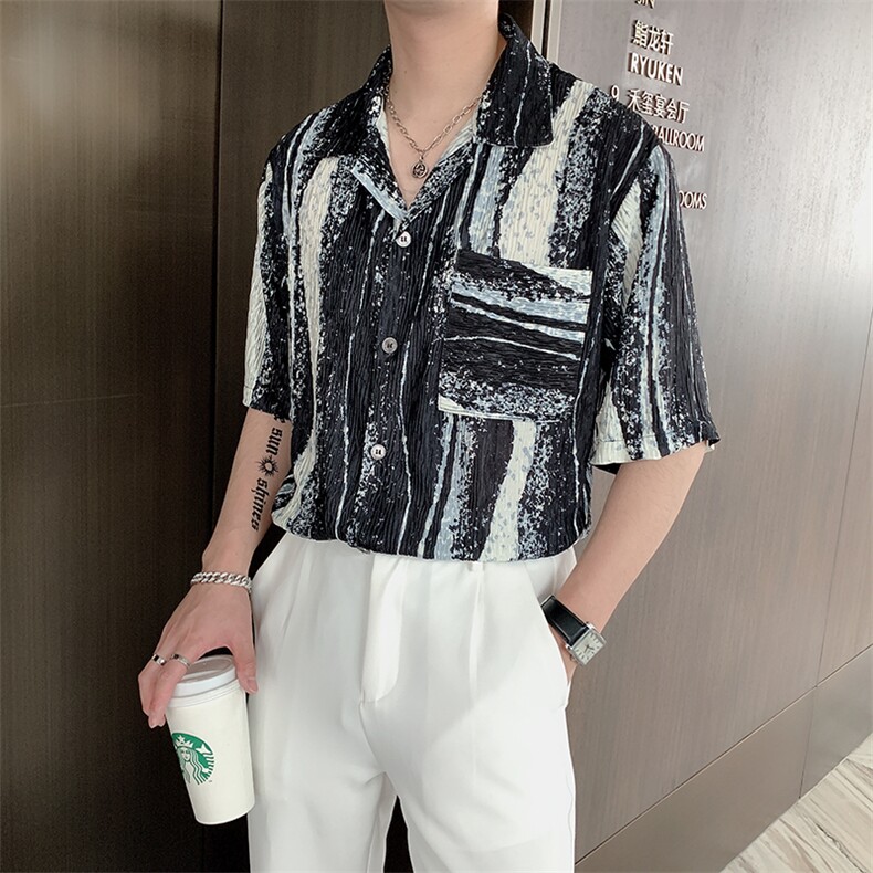 夏季网红痞帅衬衫轻奢西装领水墨画短袖衬衫ins潮男港风CS291-P58图片