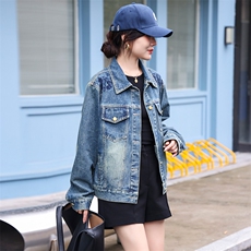 复古牛仔外套女工装风夹克2024秋新港风款宽松显瘦百搭短款上衣潮，女装牛仔外套，江南女神
