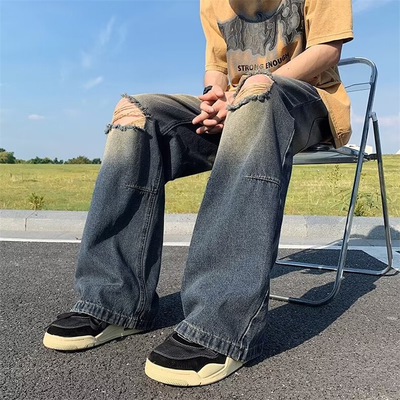 美式高街vibe做旧膝盖破洞牛仔裤男潮流宽百搭裤子NZ633-P45,男装牛仔裤,星座1109-3