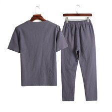 DY19*夏季中老年棉麻短袖V领T恤套装长裤两件套装男灰蓝*P55，男装T恤，星座1516（原B303）