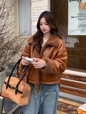 港风咖色皮毛一体短款羊羔毛皮衣外套女冬2025新款酷飒风机车棉服，女装短外套，慧尚依恋