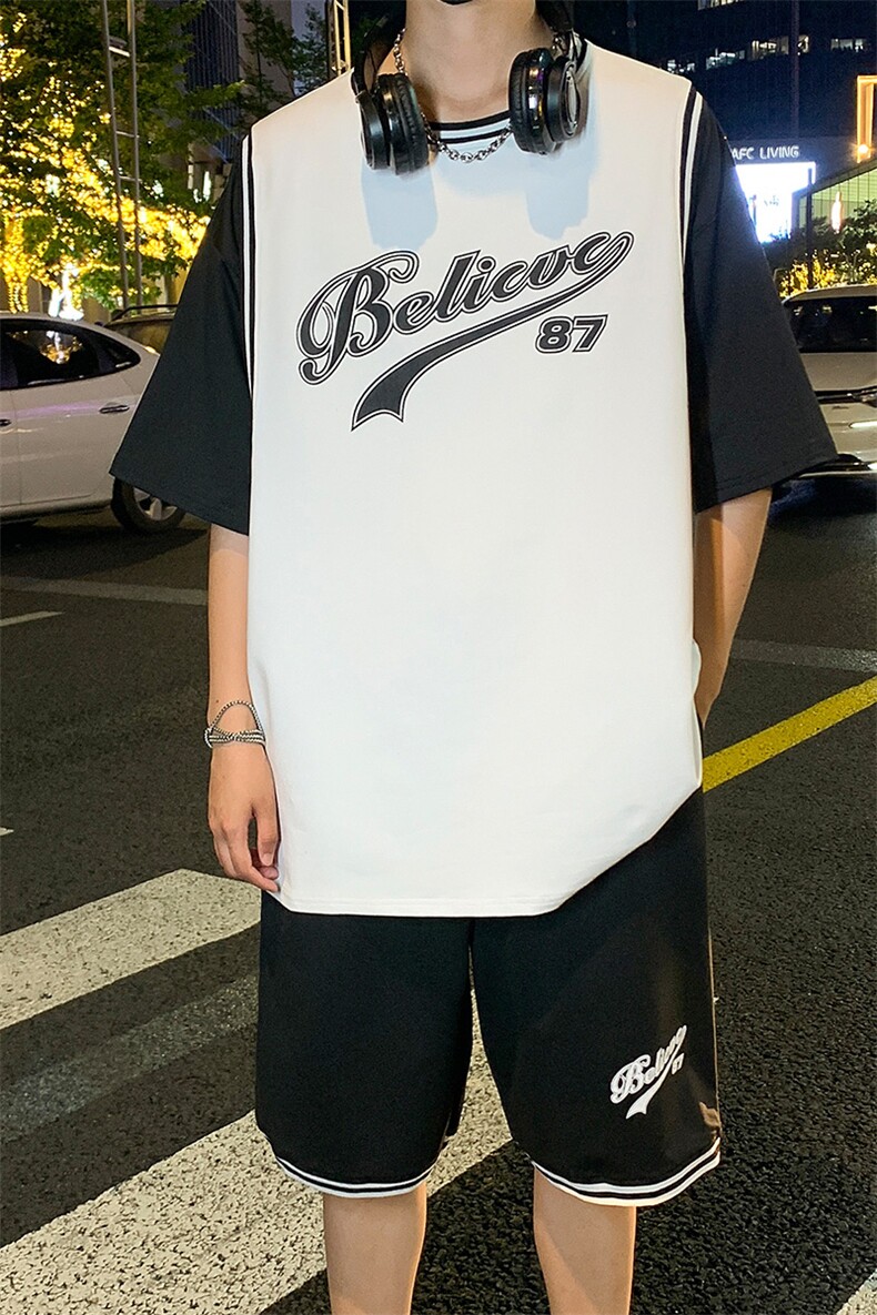 纯棉夏季短袖T恤运动休闲套装宽松潮流篮球服男两件套男装F312P60,男装T恤,电商A086