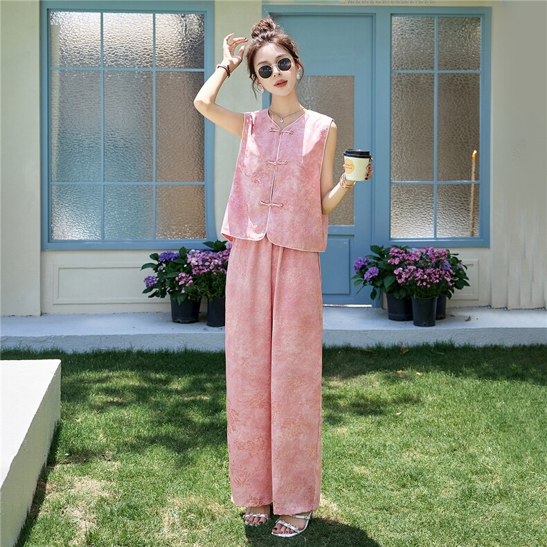 现货新款休闲重工艺女夏薄款宽松小个子时尚新中式气质两件套,女装套装/套裙,美静678