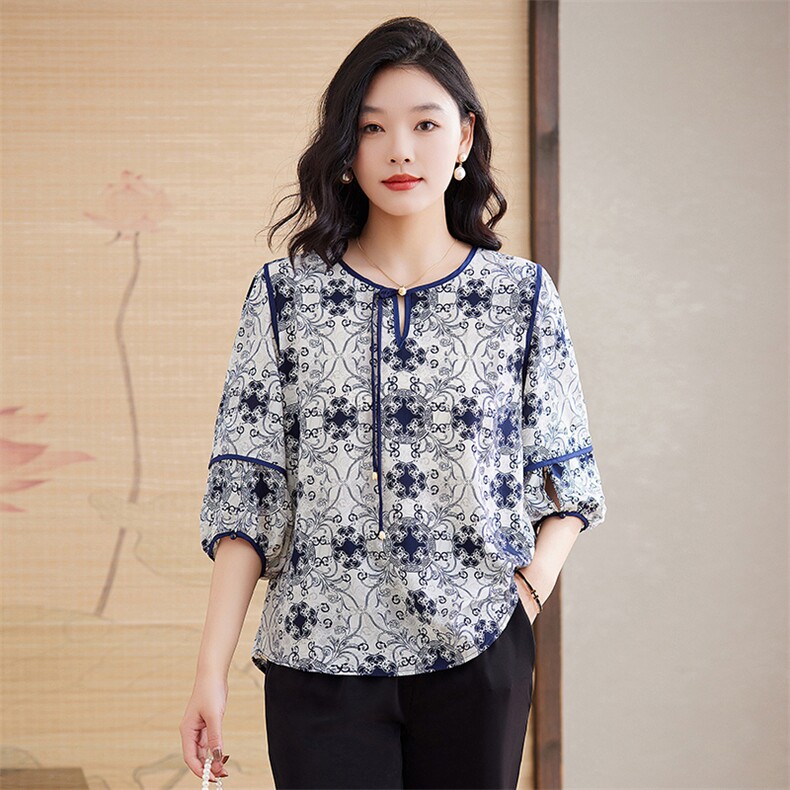 夏季时尚优雅别致设计感新中式清新百搭衬衣2025小衫上衣，女装蕾丝衫/雪纺衫，媚琳依坊