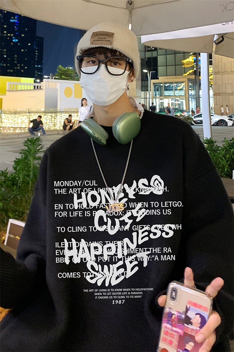 港风夜景时尚字母印花宽松休闲圆领毛衣A247-M8899特批45控78,男装针织衫/毛衣,电商A247