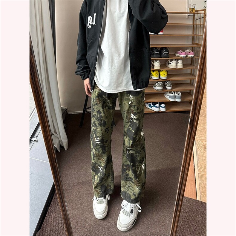 蛇纹迷彩牛仔裤男女同款cleanfit裤子春秋季直筒微喇裤子NZE328,男装牛仔裤,星座516A