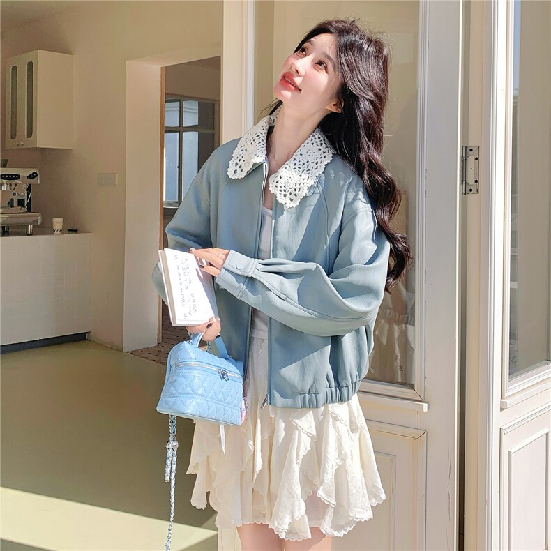 【新品】2026春季雾霾蓝蕾丝皮衣C5803P165K268,女装皮衣,2D113