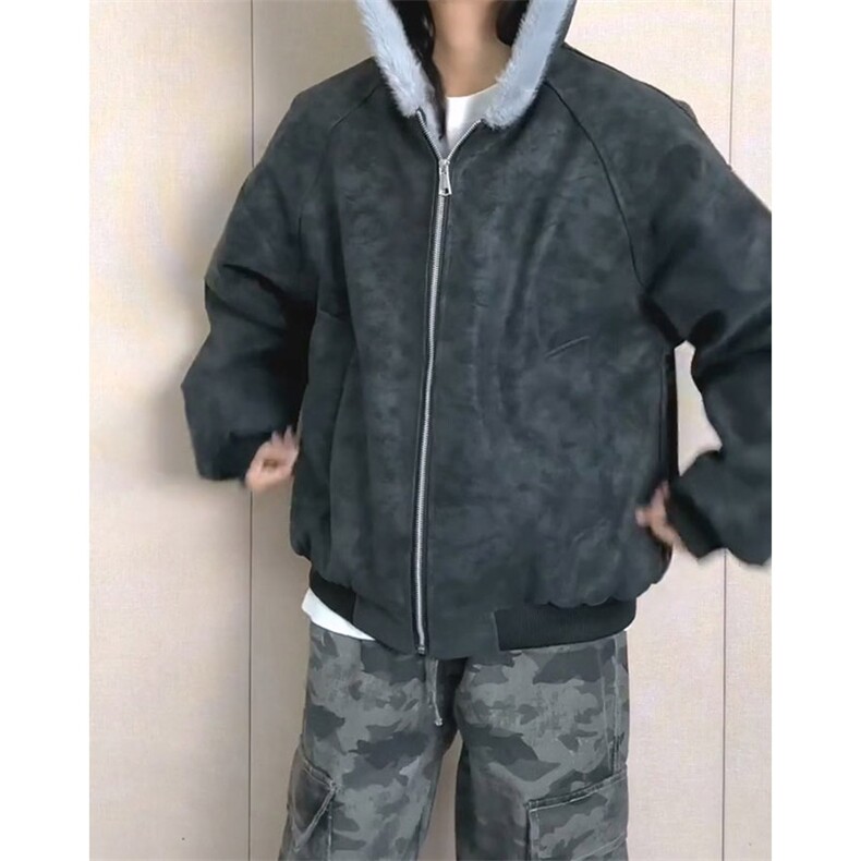 现货高品质美式高街冬季重磅座山雕大毛毛领pu皮棉衣男女加厚外套,男装皮衣,电商A486