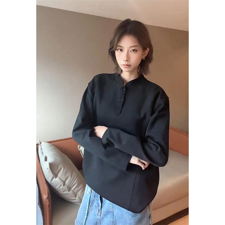 抖音得物品质美式高街重磅曼巴棉拼接cleanfit亨利领卫衣长袖T恤,男装T恤,电商A486