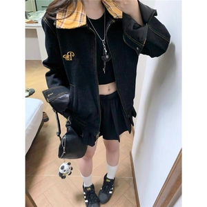 美式复古格子拼接牛仔外套男女春秋新款工装夹克JK54-P83,dk男搭配什么皮鞋图片