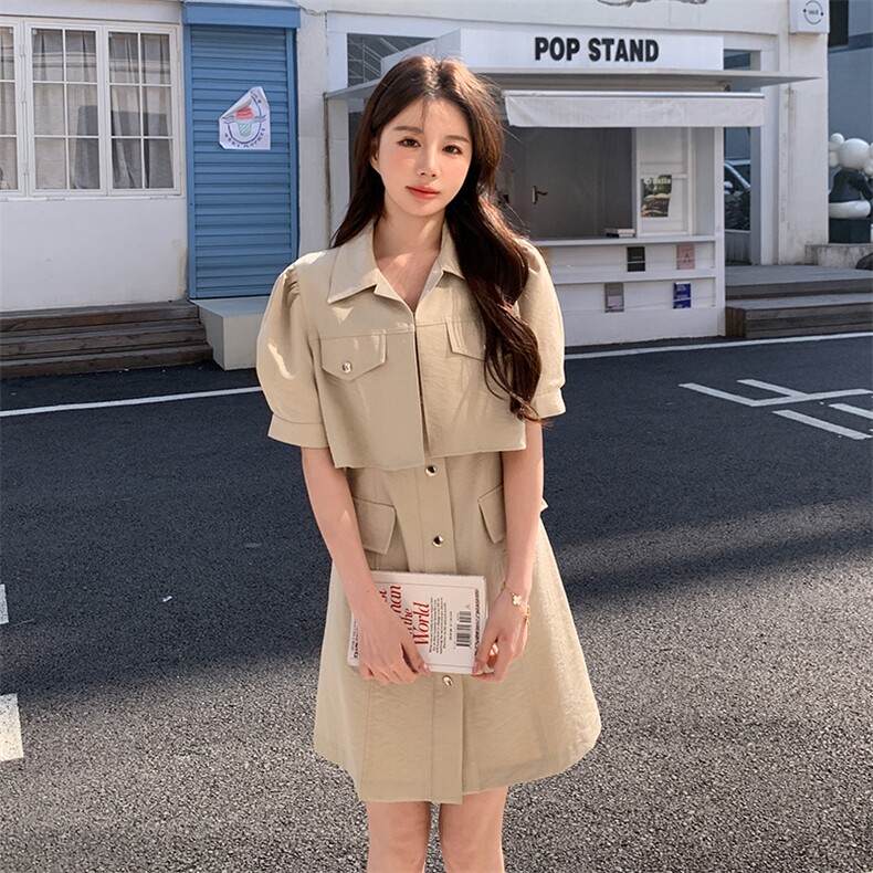高级感卡其色连衣裙女2025夏季新款港风复古工装外套吊带裙一整套图片