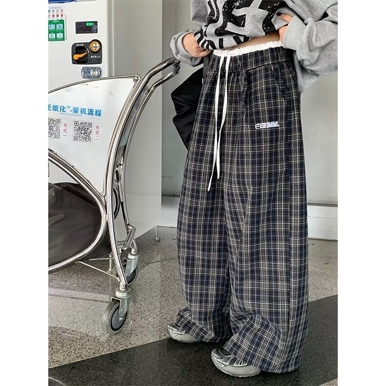 美式格子阔腿裤男女宽松休闲直筒垂百搭感拖地长裤子 K662图片