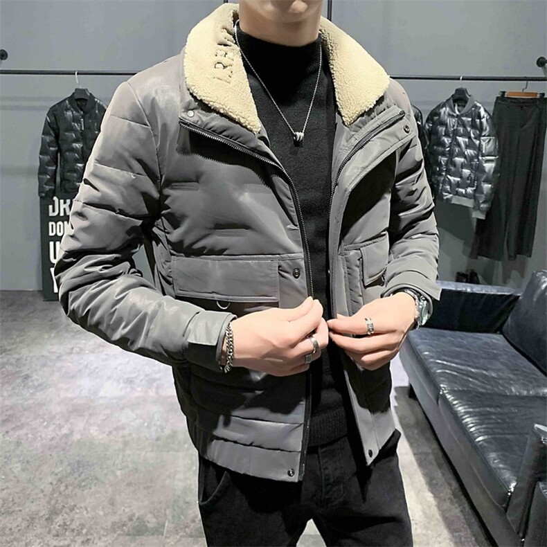 店主风pu皮羽绒服韩版刺绣毛领立领冬季潮男外套C301B-YR01图片