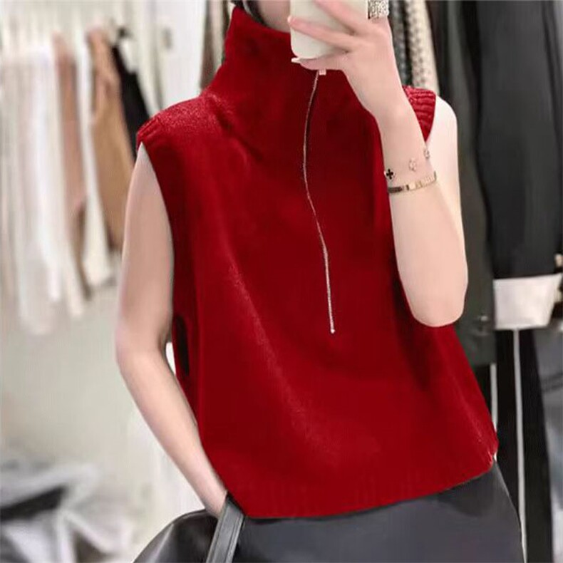 半拉链马甲女款2024新款秋季背心美式坎肩无袖针织上衣外穿马夹女,女装马甲,萱芳婷羊绒