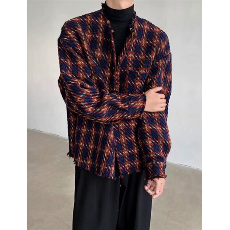 春秋复古百搭小香风破坏感重磅编织毛边格子呢料夹克外套JW64,男装夹克,星座1116A（原606A-3）