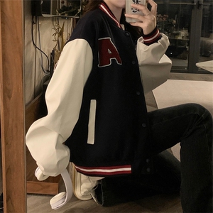 卡通美式拼接撞色棒球服女春秋字母刺绣情侣夹克外套潮C706-100图片