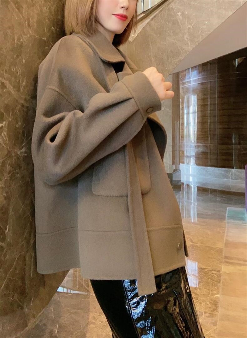 2021秋冬新款韩版时尚休闲宽松斜肩带气质百分百羊毛双面呢,女装其它,L·H·X