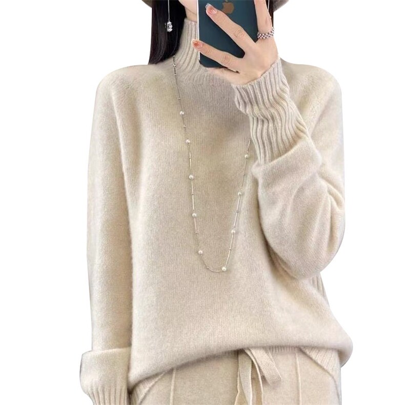 2025秋冬100%纯羊毛衫女高领加厚针织毛衣宽松慵懒羊绒衫打底上衣,女装连衣裙,萱芳婷羊绒