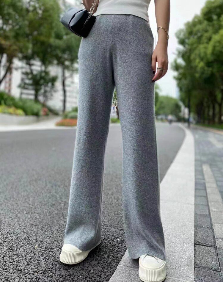 时尚百搭宽松针织长裤女秋冬季新款高腰显瘦休闲裤舒适百搭,女装休闲裤,隆格羊绒