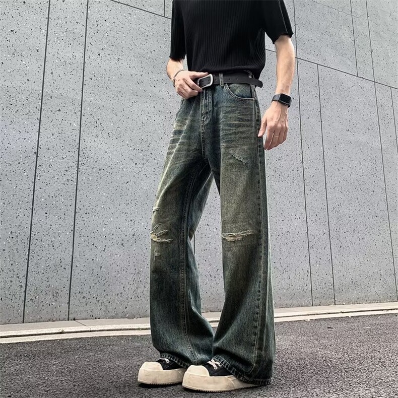 山小川潮牌破洞牛仔裤男美式高街设计感小众做旧水洗宽松直筒长裤，男装牛仔裤，四季星座505