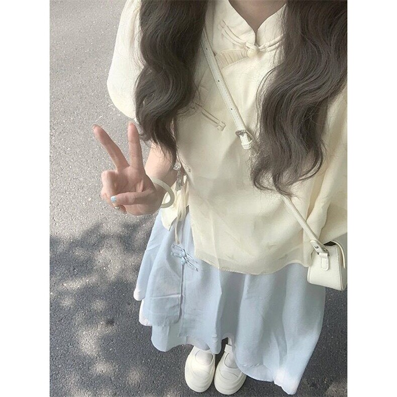 风套装夏季女盘扣禅意立领新中式超仙盘扣上衣+轻纱飘逸半身裙,女装半身裙,星座506A