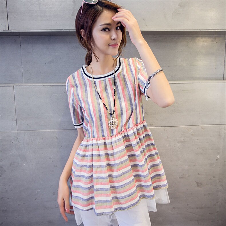 时尚条纹宽松短袖T恤女夏季新款韩版显瘦百搭上衣，女装T恤，深水步