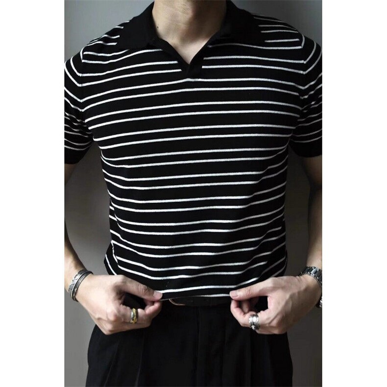 CP1175-P39 夏季新款V领冰感针织polo衫男短袖潮流时尚翻领T恤男图片
