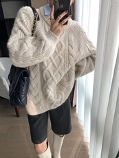 新款慵懒风宽松显瘦圆领麻花针织衫秋冬必备百搭时尚毛衣，女装针织衫/毛衣，圣旺供货