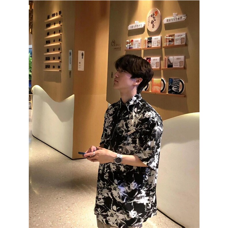 扎染泼墨衬衫男士短袖夏季配领带项链冰丝凉感衬衣痞帅上衣CS519,男装衬衫,星座1116A（原606A-3）