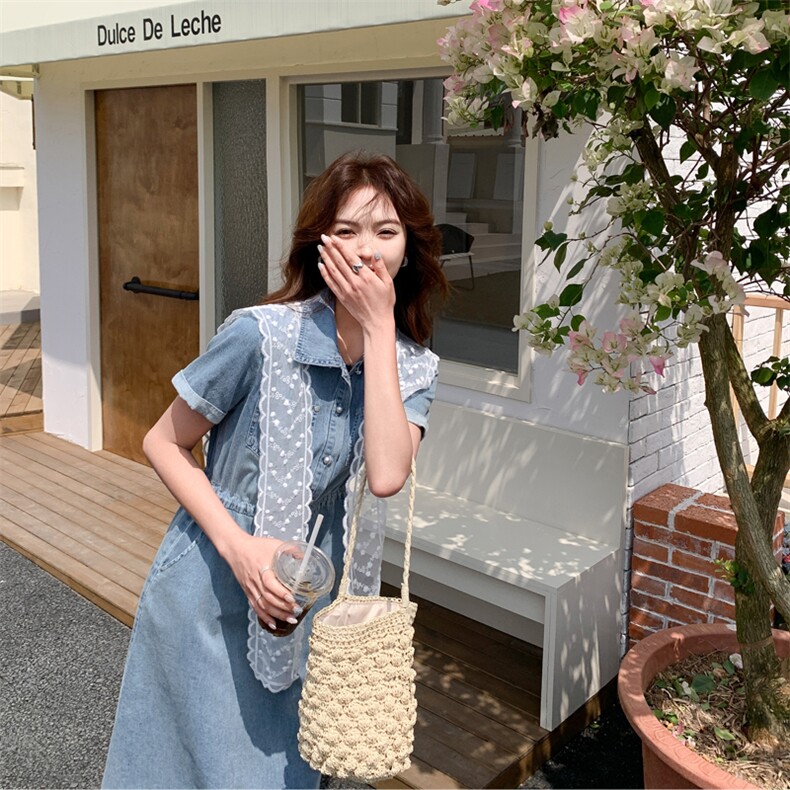 蕾丝披肩复古短袖牛仔裙女2025夏季新款气质显瘦收腰连衣裙,女装连衣裙,臻衣坊