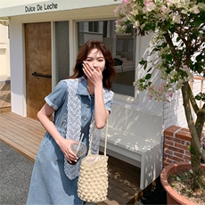 蕾丝披肩复古短袖牛仔裙女2025夏季新款气质显瘦收腰连衣裙，女装连衣裙，臻衣坊