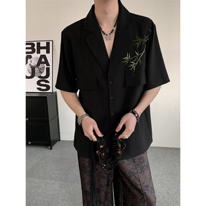 夏装2025风新中式冰丝假口袋翠竹刺绣男女小众休闲短袖衬衫图片