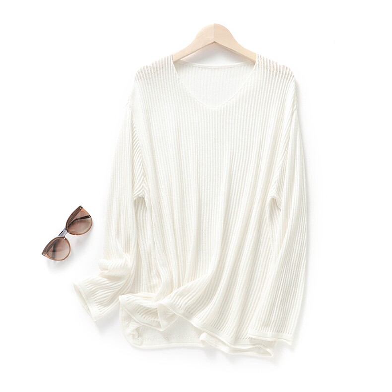 2025夏季针织衫天丝绵V领套头外搭慵懒风镂空长袖宽松防晒罩衫女，女装蕾丝衫/雪纺衫，东远绒业