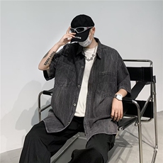 夏季新款美式街头hiphop牛仔衬衫短袖男女宽松上衣外套J10199-P58，男装衬衫，星座1008