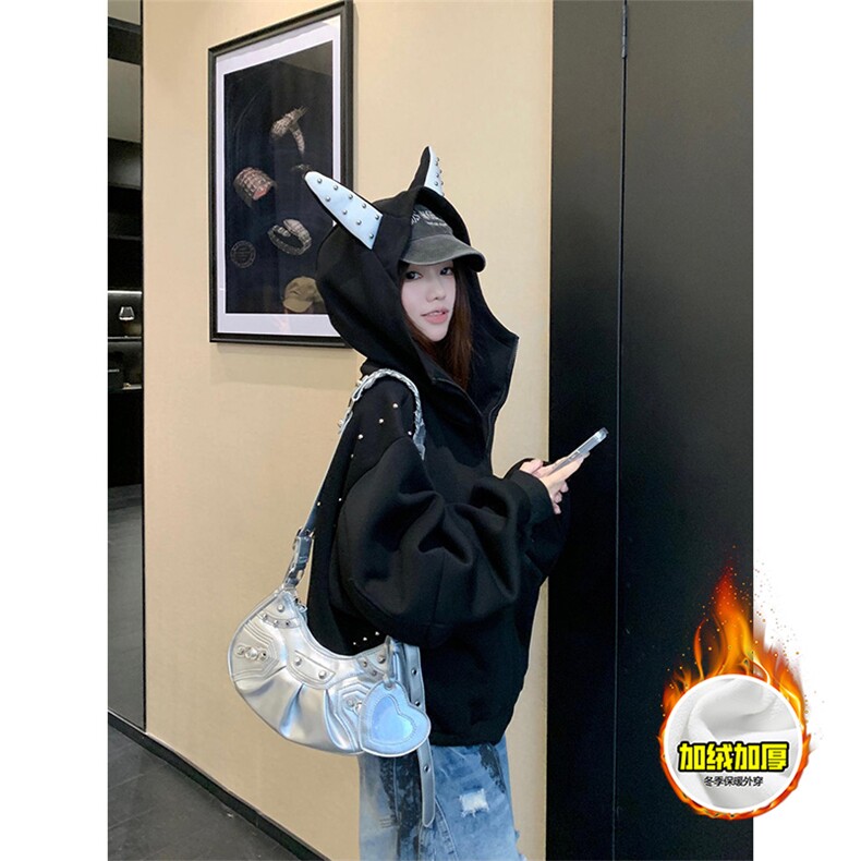 480G重磅加绒硬挺boxy男女美式高街卫衣铆钉杜宾犬耳朵开衫厚外套,女装短外套,电商A486