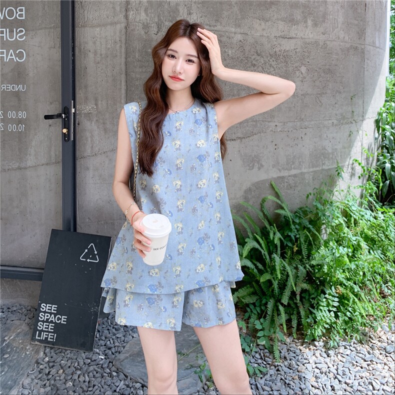 休闲减龄穿搭韩系chic蓝色无袖套装女夏超火好看背心阔腿裤两件套,女装套装/套裙,2C375