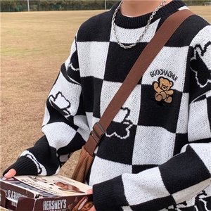 棋盘格毛衣男女宽松外穿秋冬加厚小熊套头圆领针织打底M9062-P43