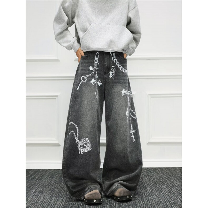 高街阔腿牛仔裤男女韩版潮流做旧印花2025秋冬ins长裤RK3235-P50，男装牛仔裤，星座412-3