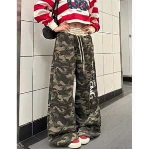 复古字母印花迷彩休闲裤女宽松直筒拼接腰头运动长裤子KB3121