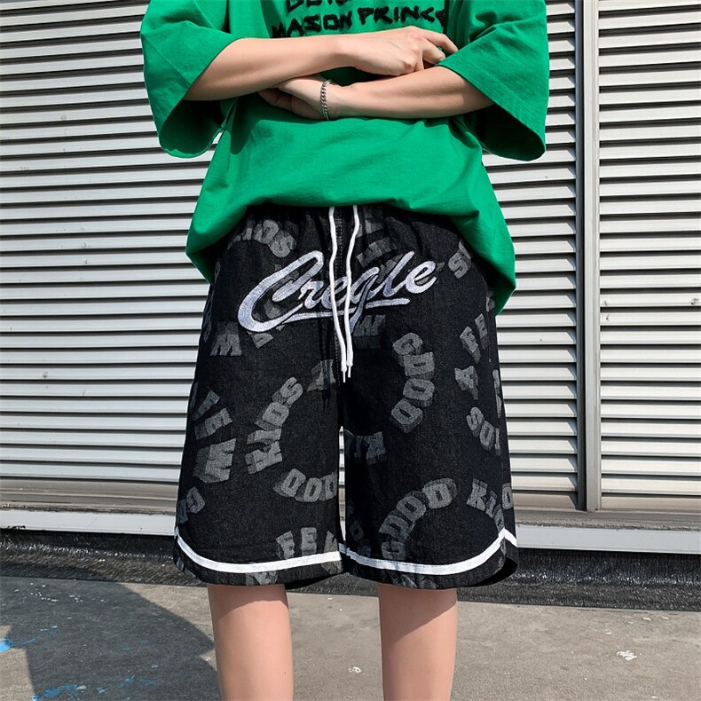 潮满印刺绣字母提花牛仔短裤情侣宽松抽绳五分裤男N0110-P40,男装牛仔裤,星座308B-1