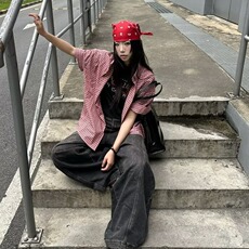 百搭夏季新款美式潮牌高级感小众格子短袖衬衫男女潮复古翻领衬衣，男装T恤，星座506A