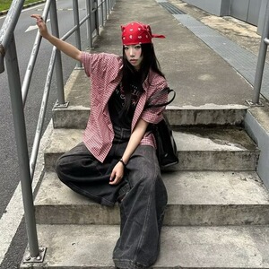 百搭夏季新款美式潮牌高级感小众格子短袖衬衫男女潮复古翻领衬衣图片
