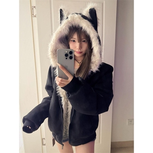 现货重磅硬挺boxy羽绒棉衣座山雕猫耳大毛毛领麂皮棉服冬外套图片
