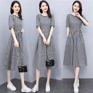 棉麻连衣裙女装2022夏季新款收腰显瘦女神范拼接短袖棉麻夏天裙子,十五岁女孩夏天穿搭图片