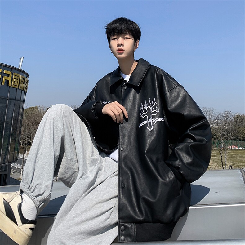 高品质秋款男皮衣翻领休闲夹克十字架字母印花外套JK023P85,男装夹克,星座1013-1