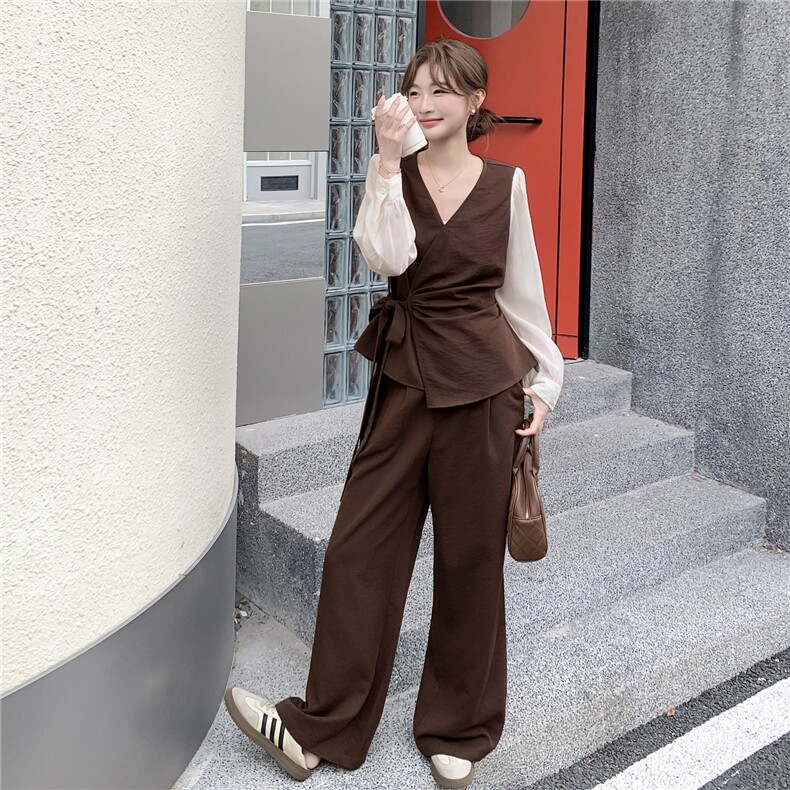 高级通勤风穿搭咖色马甲套装女2025春秋超火好看阔腿裤气质两件套,女装套装/套裙,维壹